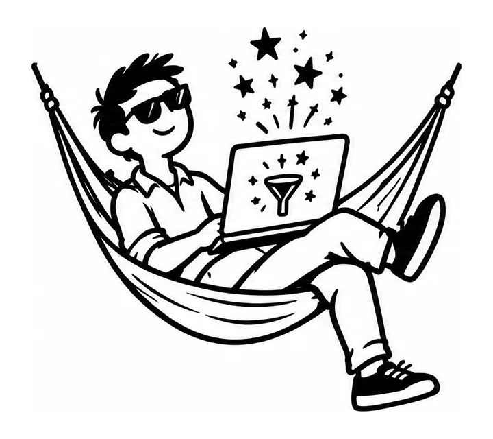 Someone in sunglasses lounging in a hammock with a laptop showing a sparkling funnel.
