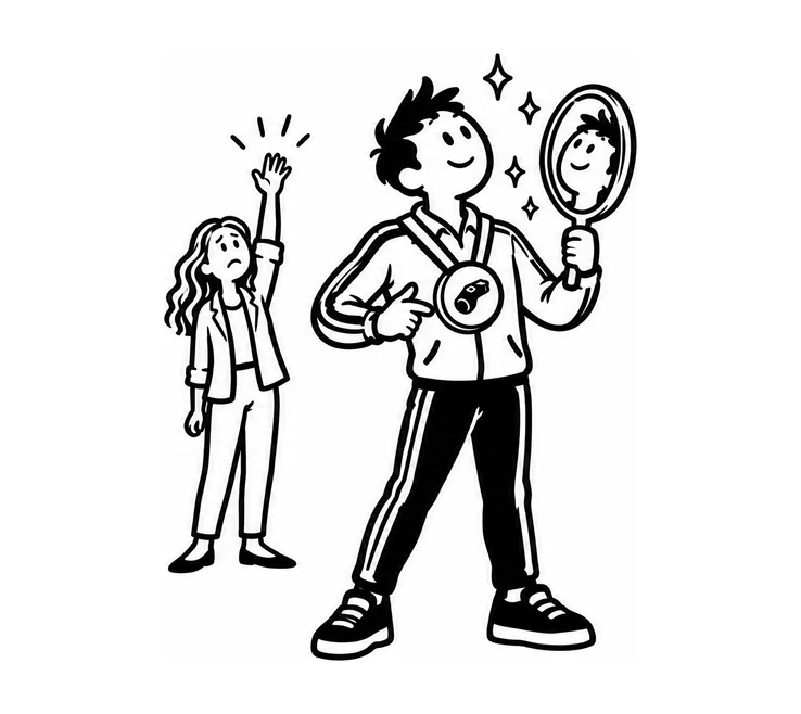 Someone admiring their big coach medal in a mirror while a person behind them raises a hand for help.
