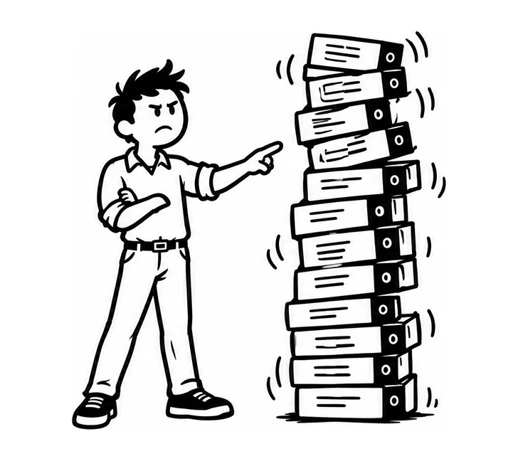 Someone with arms crossed, pointing blame at a tall wobbling stack of course binders.