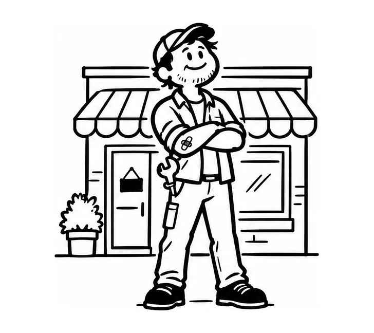 A business owner in work clothes, a bandage on one arm, arms crossed in front of a small storefront.