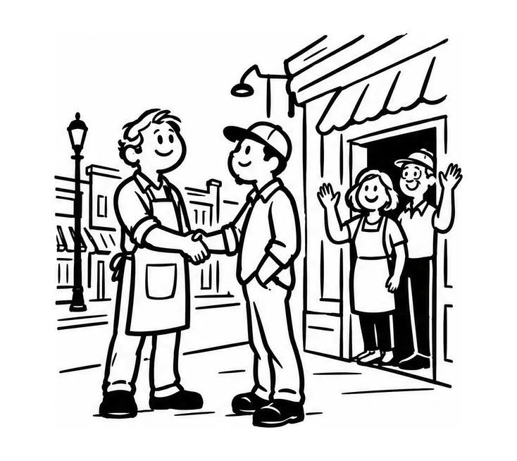 An owner shaking hands with a neighbor on a small-town main street while two shopkeepers wave.