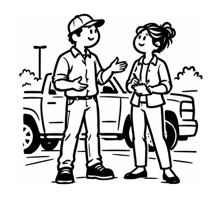 Two owners talking by a pickup in a parking lot, one explaining while the other takes notes.