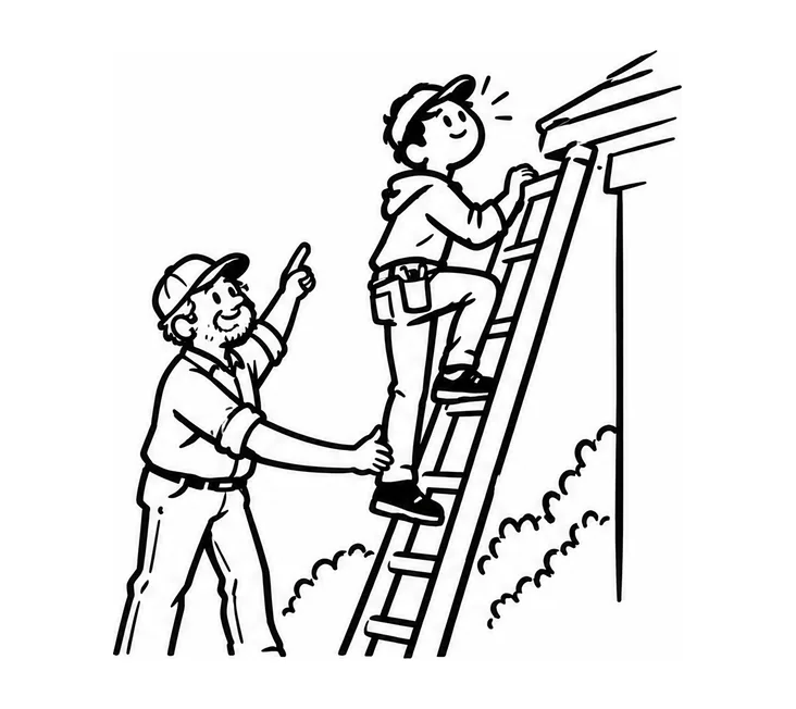 An older owner steadying a ladder and pointing up for a younger owner climbing it.