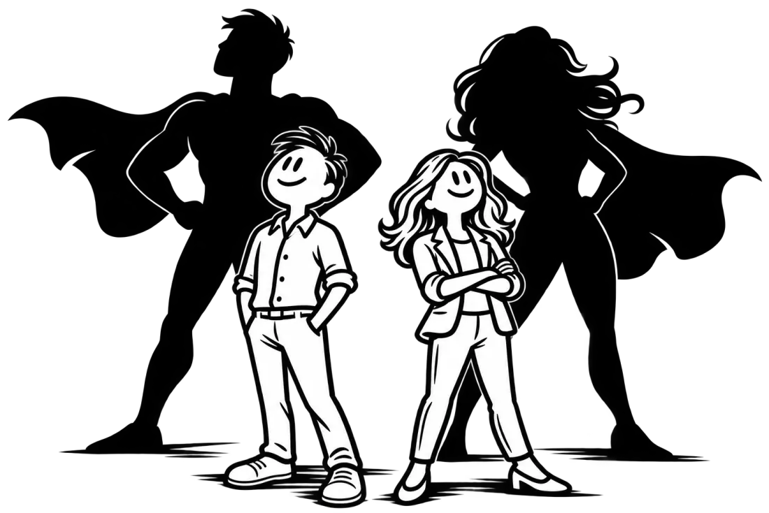 Two ordinary business owners standing in front of their own superhero shadows.