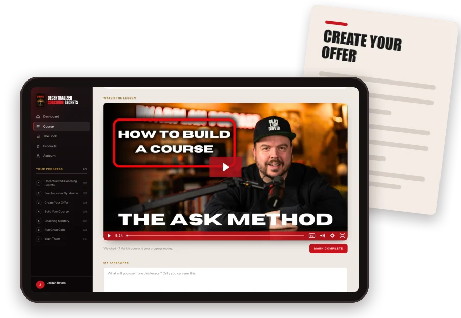 A lesson playing in the members area on a tablet, with the Create Your Offer worksheet.
