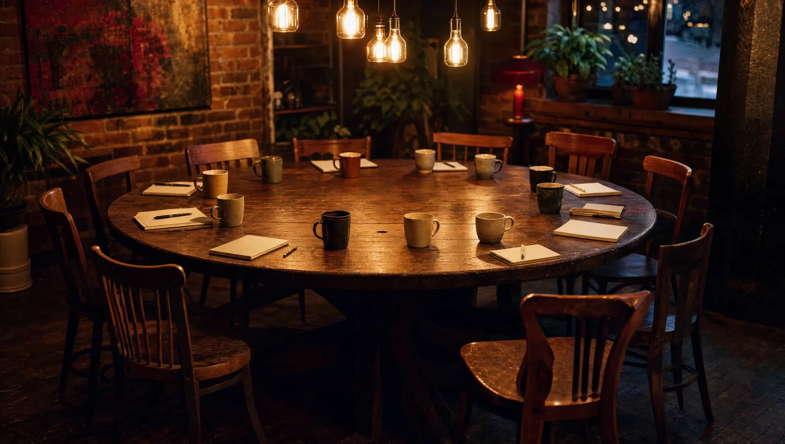 An empty round table set for a meeting: twelve chairs, twelve mugs, notebooks, warm lights.
